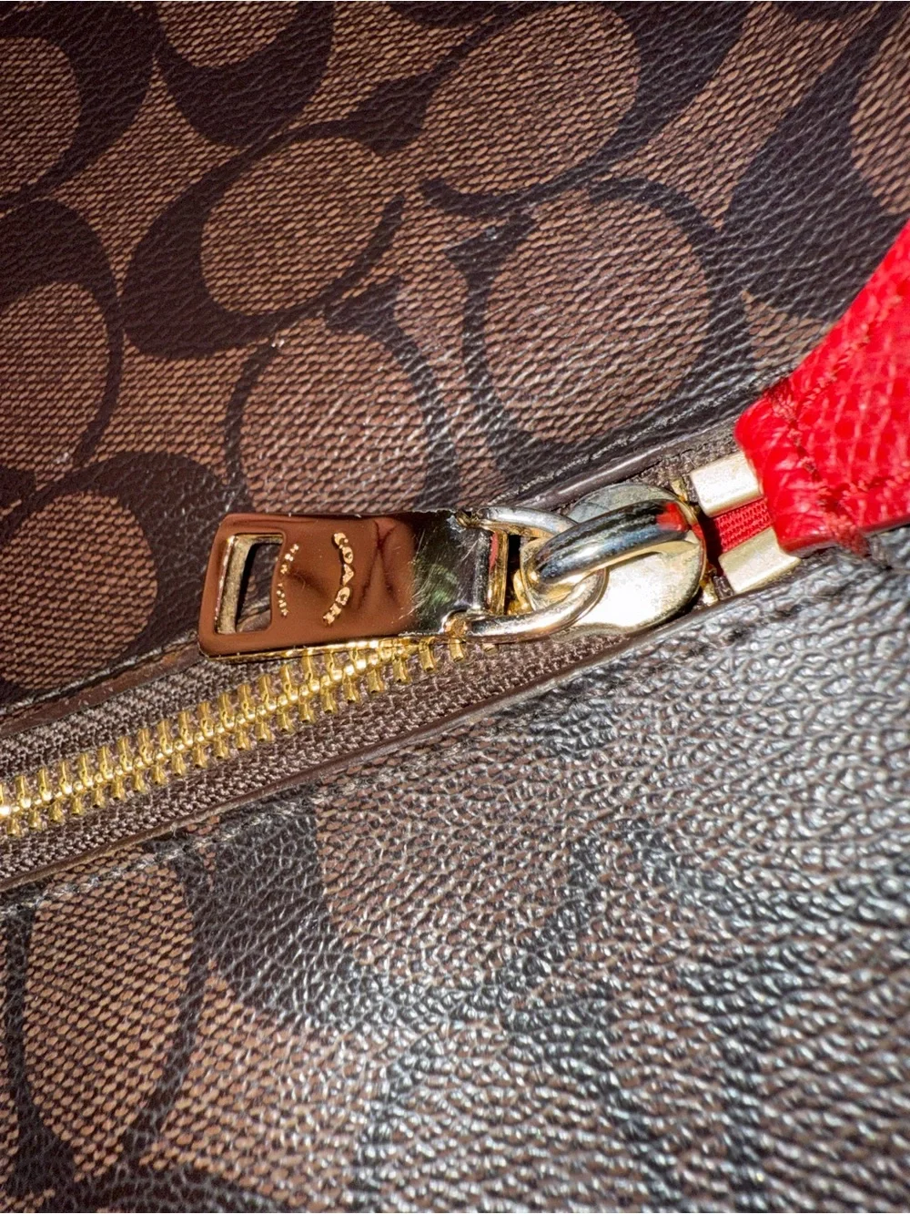 Coach Brown Signature Shoulder Bag with Red Trim